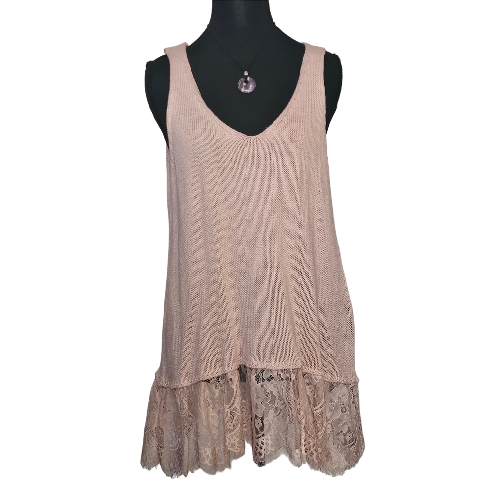 Pink Lace Hem Tank Top
